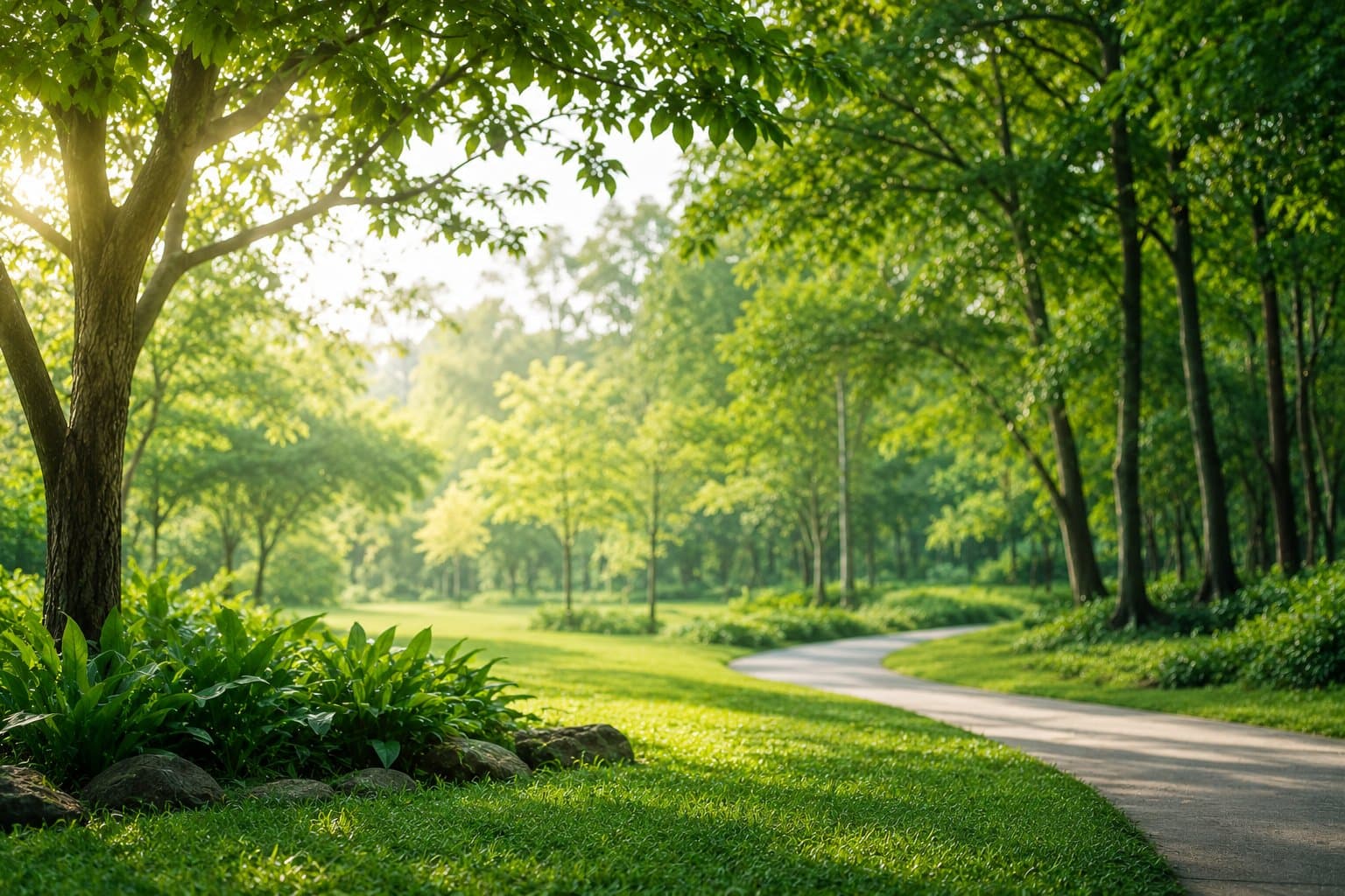 Sunlit path winding through a green forest canopy